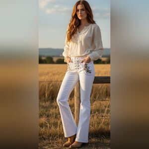 VTG Miss Me Floral Pure White Floral Embroidered Pocket Detail Lace Up Waist